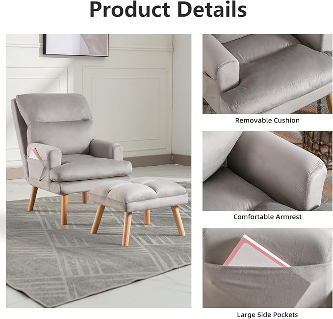Accent Chair with Ottoman, Velvet Fabric Chair Armchair with Adjustable Backrest and Side Pockets, Mid Century Arm Chair with Ottoman for Living Room, Bedroom, Teen Room, Light Grey