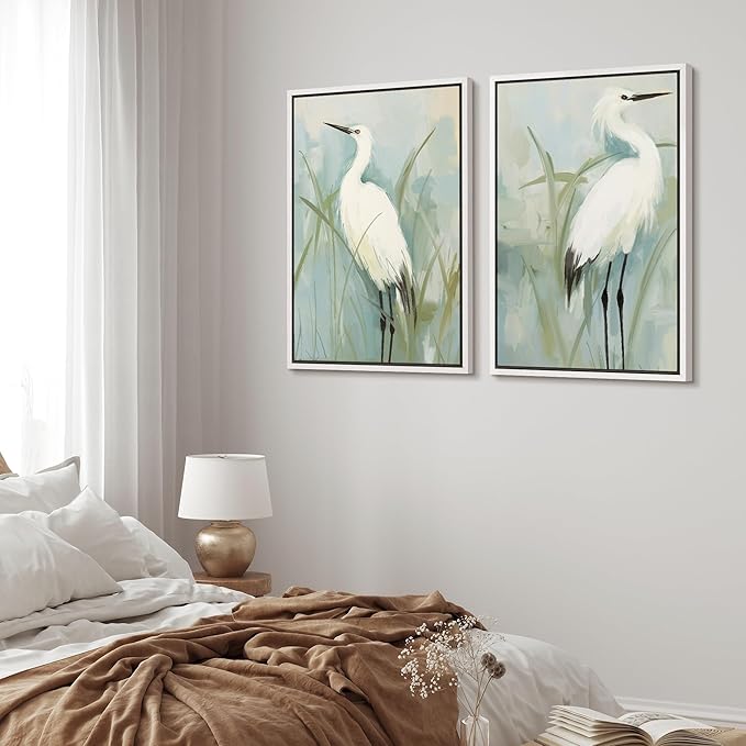 MUDECOR Framed Canvas Print Wall Art White Heron Pair in Marsh Coastal Illustrations Modern Art Decorative Bohemian Colorful for Living Room, Bedroom, Office - 24"x36"x2 White