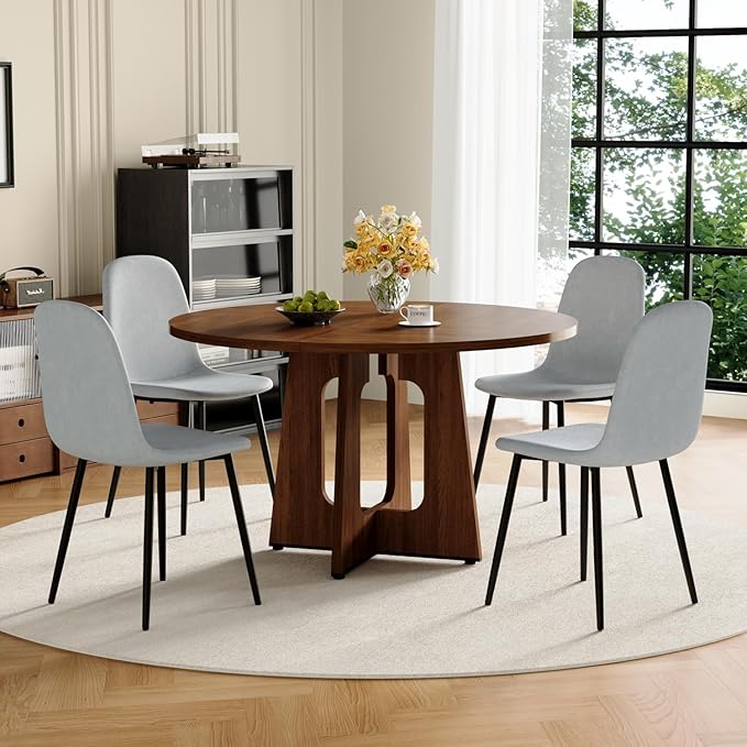 47" Round Dining Table Set for 4, Walnut Wood Grain Table and 4 Light Gray Linen Upholstered Chairs Set, Mid Century Modern Kitchen Table Set with Cross Legs