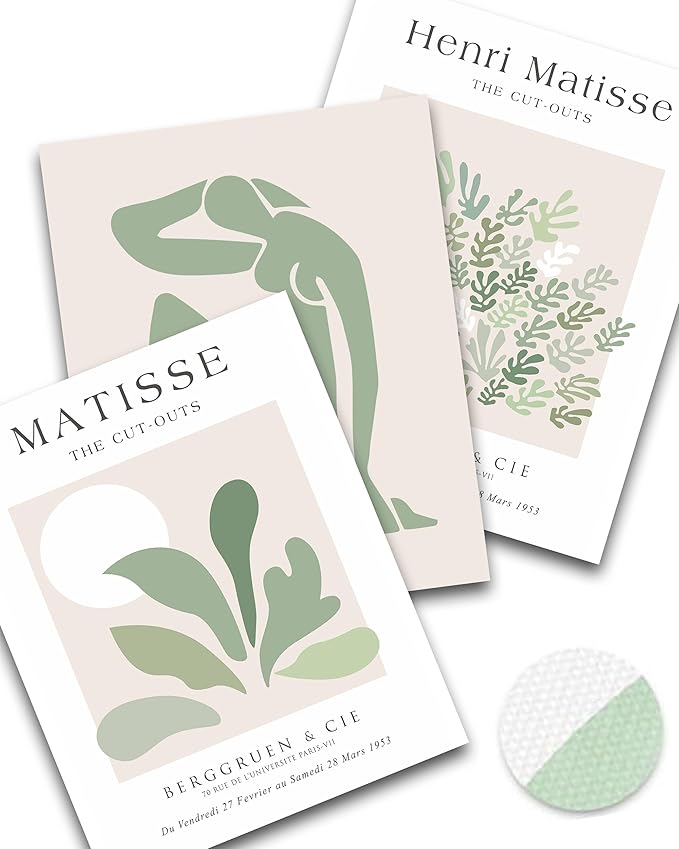 Unframed Sage Green Wall Art Set of 3,12x16IN Abstract Matisse Wall Decor,Quality Canvas Prints Posters Decoration for Bathroom Living Room Bedroom, Unframed