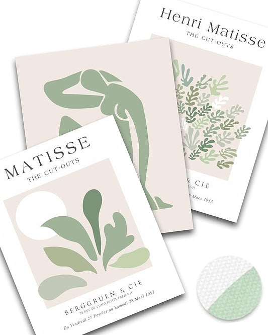 Unframed Sage Green Wall Art Set of 3,12x16IN Abstract Matisse Wall Decor,Quality Canvas Prints Posters Decoration for Bathroom Living Room Bedroom, Unframed