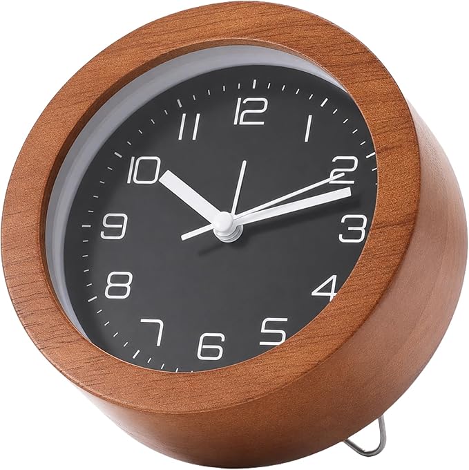 Analog Alarm Clock 5" Silent Non-Ticking Small Solid Wood Desk Clocks Battery Operated Simple Style Retro Table Clock for Office/Bedroom/Kitchen/School/Bedside/Shelf (Dark Wood, Circular)