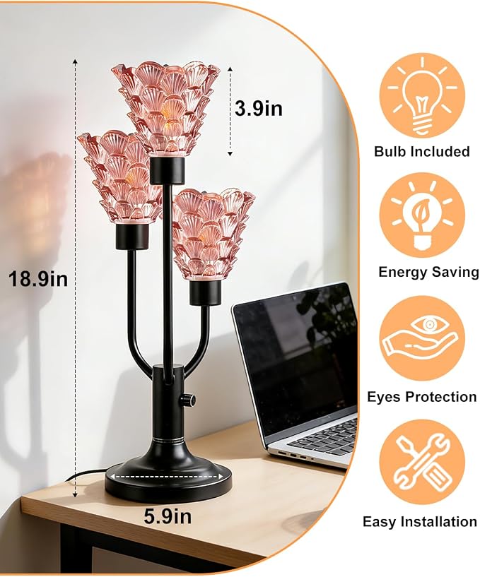 Lightdot Vintage Mid Century Modern Table Lamp for Living Room Dimmable Nightstand Lamp Red Glass Black Desk Lamp 3 Bulbs Included Warmwhite Ambient Bedside Lamps for Bedroom Home Office Decor Gift