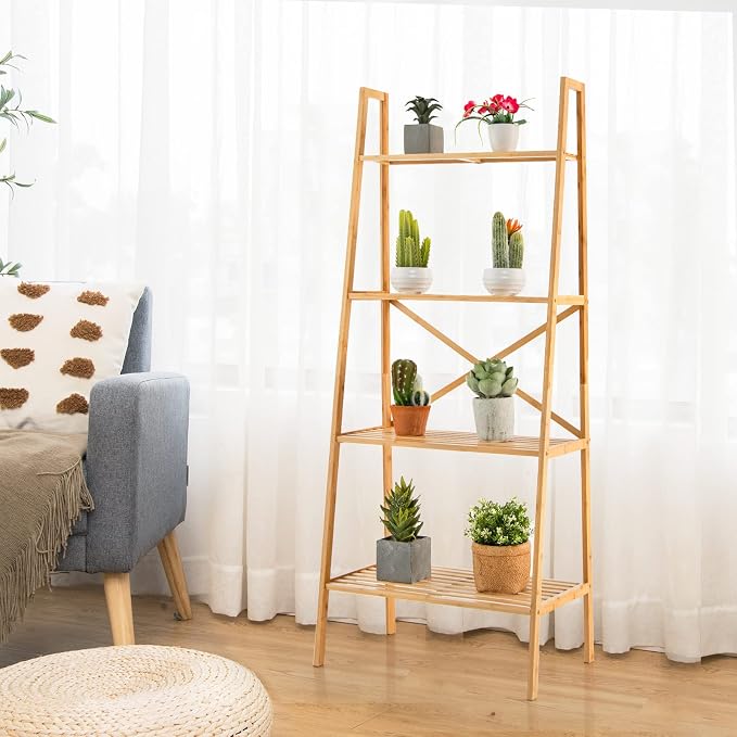Giantex 4-Tier Bamboo Bookshelf, Multifunctional Storage Display Rack Shelves with Anti-Tipping Device, Natural Bamboo Ladder Shelf for Home Office Kitchen Bathroom