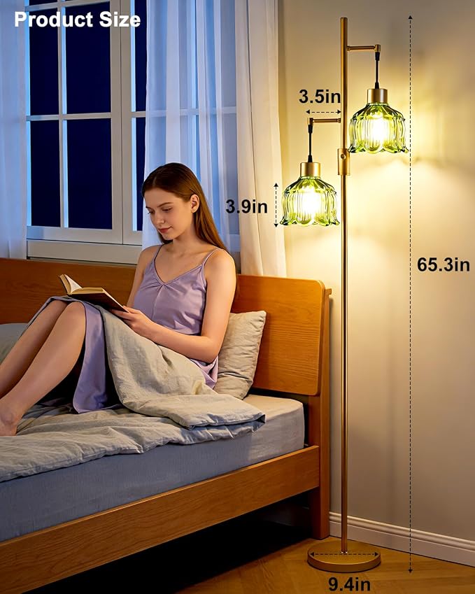 2-Light Modern Glass Floor Lamp, Gold Tall Standing Lamp with Green Flower Glass Shade for Reading, Dimmable LED Floor Lamp with 5Lbs Heavy Base for Living Room Bedroom Home Decor, Bulb Included