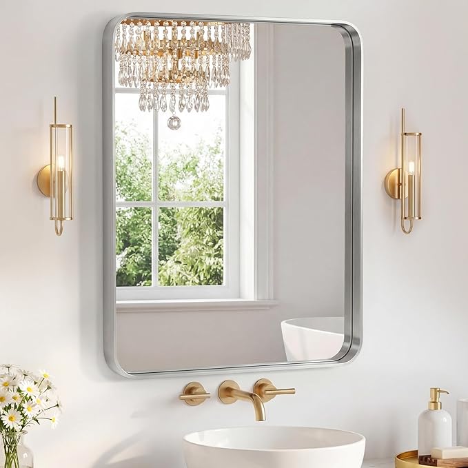 NEWBULIG 28X36 Inch Bathroom Mirror for Over Sink, Wall Vanity Mirrors Tempered Glass, Anti-Rust Metal Framed Rounded Rectangle, Hangs Horizontally or Vertically, Farmhouse Home Decor, Silvery