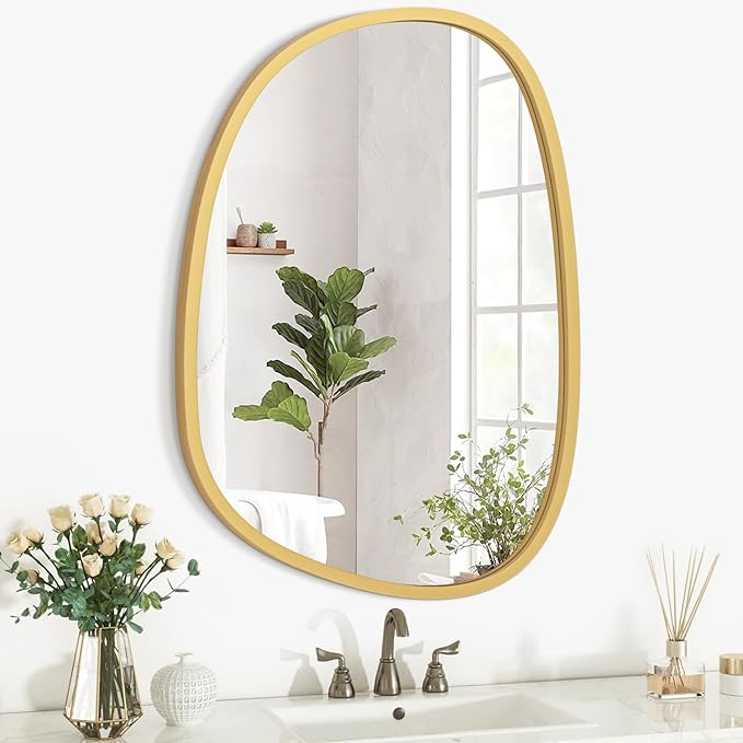Gold Irregular Hanging Wall Mirror Wooden Framed Modern Asymmetrical Mirrors for Wall Artistic Decorative Mirror Wall Decor Mirror for Bedroom Bathroom Living Room Large 20"x16"