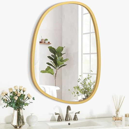 Gold Irregular Hanging Wall Mirror Wooden Framed Modern Asymmetrical Mirrors for Wall Artistic Decorative Mirror Wall Decor Mirror for Bedroom Bathroom Living Room Large 20"x16"