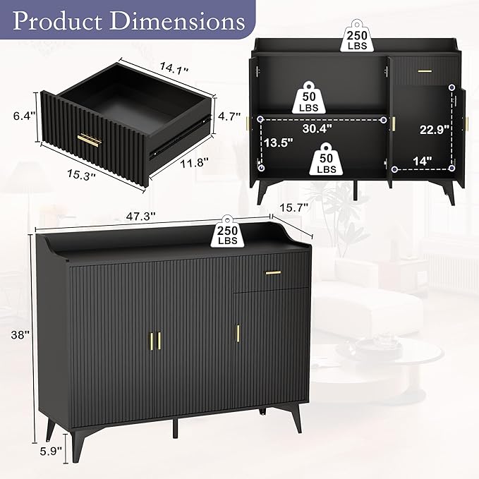 Black Buffet Cabinet with Storage: 47" Fluted Sideboard Cabinet with Drawers, Wood Accent Cabinet with 3 Doors, Wood Credenzas for Living Room, Kitchen (47")