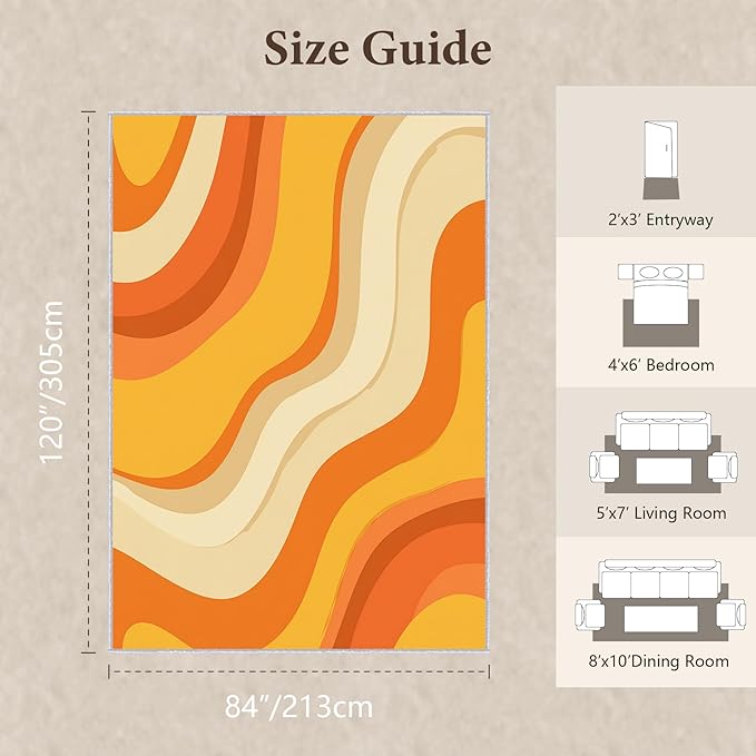 Sunset Flow Area Rug 7x10, Modern Abstract Wave Rug, Retro Orange Neutral Carpet for Living Room Bedroom, Soft Non Slip Washable Rug