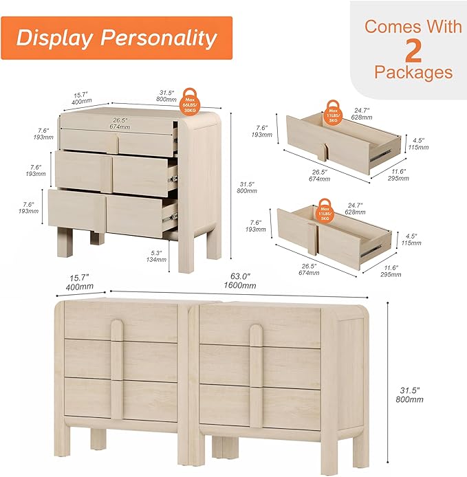 WAMPAT Large Sideboard Buffet Cabinet with Storage with 6 Drawers,Modern French 63" W Buffet Cabinet with Storage,Wood Coffee Bar Cabinets with Curved Edge Design for Kitchen Living Room,Light Oak