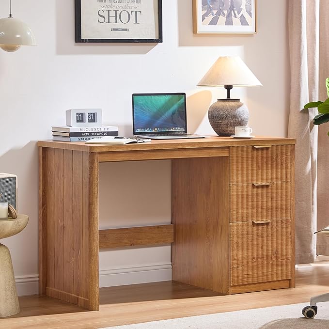 48" Modern Fluted Home Office Desk with Storage Cabinet, Brown Wood Executive Desk with File Drawer & Golden Handles, Large Computer Writing Table for Office,Study, Living Room, Bedroom