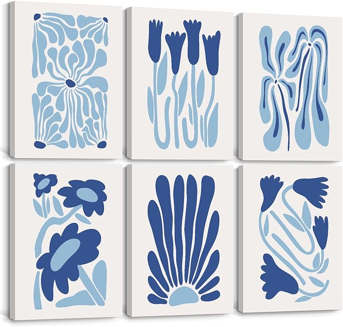 Matisse Flower Wall Art Prints Blue Abstract Wall Decor Aesthetic Matisse Canvas Wall Art Picasso Gallery Posters Matisse Preppy Pictures Flower Paintings for Bathroom 8x10 Inch Set of 6 Ready to Hang