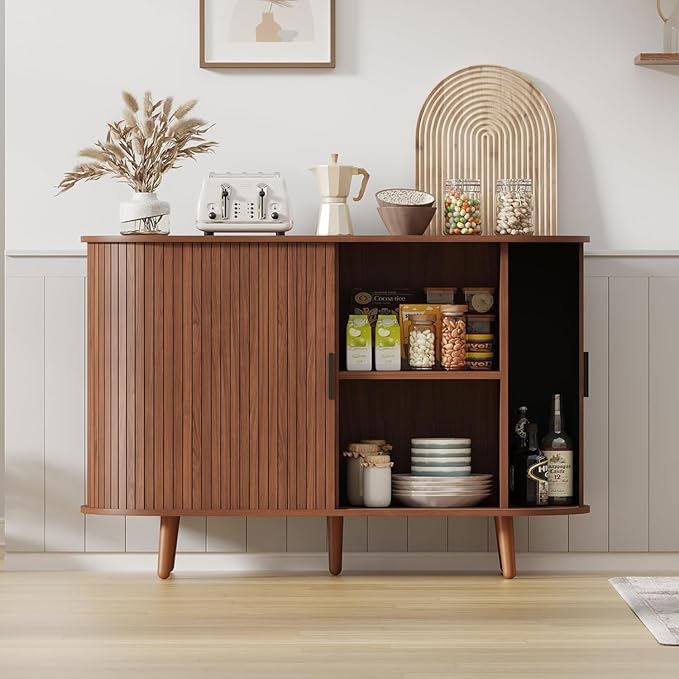 Fluted Sideboard Buffet Cabinet with Sliding Doors, Curved Edge Design for Dining Room Kitchen Living Room, 47" Console Table Credenza with Storage (Walnut)