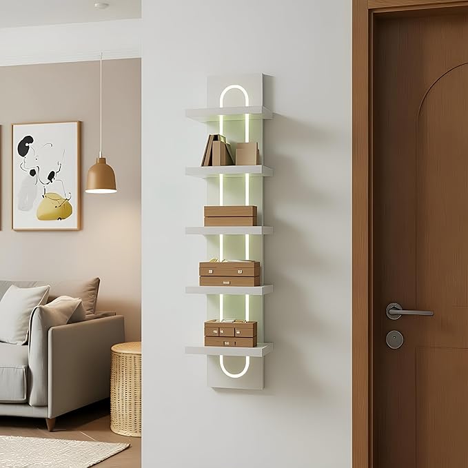 VIWODS 5 Tier Wall Shelf Unit with Light-Small Floating Shelves for Home Decor, Modern Unique Asymmetric Design for Bedroom & Living Room Storage