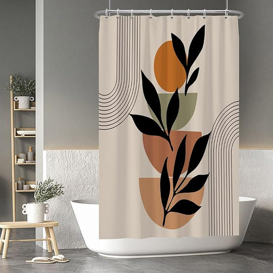 Baocicoo Boho Mid Century Shower Curtain Set Modern Minimalistic Leaves Shower Curtain for Bathroom Dormitory Bathtub Decor Durable Fabric Waterproof Curtain for Bathroom with Hooks 48x72 Inches