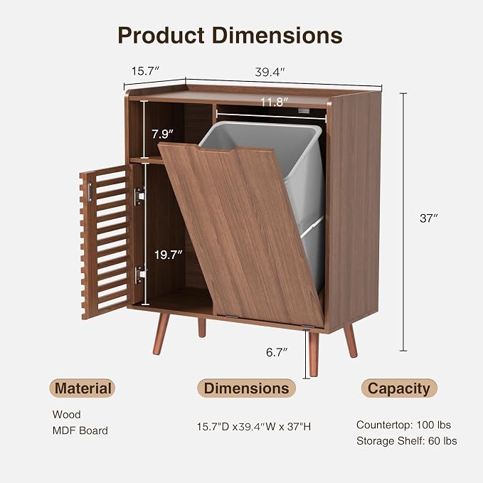 FiveWillowise Storage Cabinet with slatted Door, Tilt Out Trash Can Cabinet for 10 Gallon Wooden Dog-Proof Recycling Bin with Hidden Laundry Basket for Kitchen Island and Dining Room, Walnut