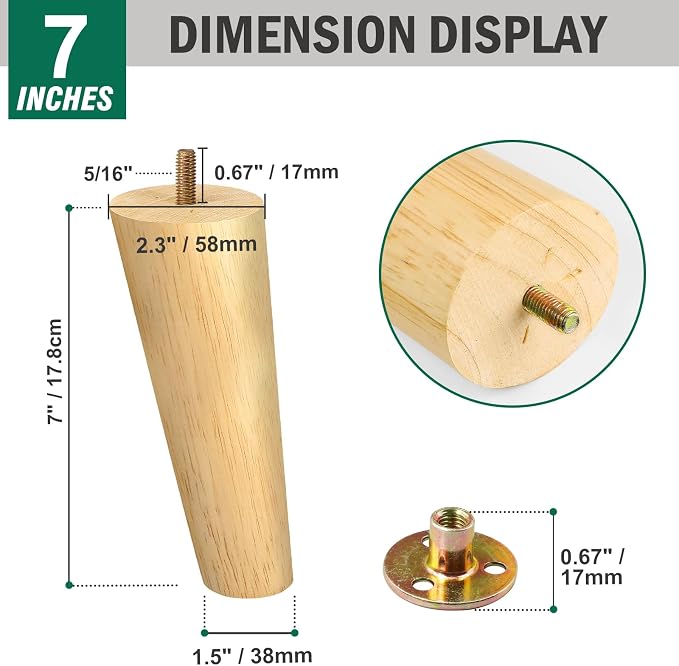 FoDau770 Rubber Wood Furniture Legs 7 Inches, 5/16" UNC Slant Tapered Wood Feet Mid Century Sofa Legs, Wooden Furniture Feet Replacement Parts for Cabinet Couch Dresser Chair Ottoman Table