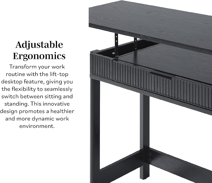 Walker Edison Transitional Style Furniture, Reeded Detail, Lift-Top Desk with Drawer and Storage Cubby, Sitting to Standing Desk, Soft Self-Close Desktop, 38 Inch, Black