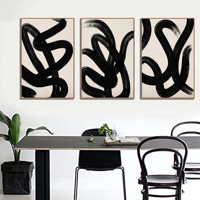 arteWOODS Framed Wall Art Canvas Set Abstract Lines Pictures Modern Mid Century Boho Wall Decor Minimalist Abstract Black Stroke Painting Artwork Living Room Bedroom Home Office 32" x 48" *3 Natural