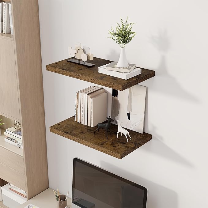 Dreamland 24" Floating Shelves for Wall, 12" Deep Slim Rustic Brown Floating Shelves, Wall-Mounted Shelves for Bedroom, Living Room, Kitchen, Bathroom - Set of 2