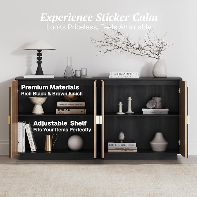 BELLEZE Set of 4 Modular Fluted Sideboard Buffet Cabinet with Storage, Mid-Century Modern Console Table with Symmetrical Arched Doors, Elegant Credenza for Dining Room, Kitchen, and Living Room, Camel