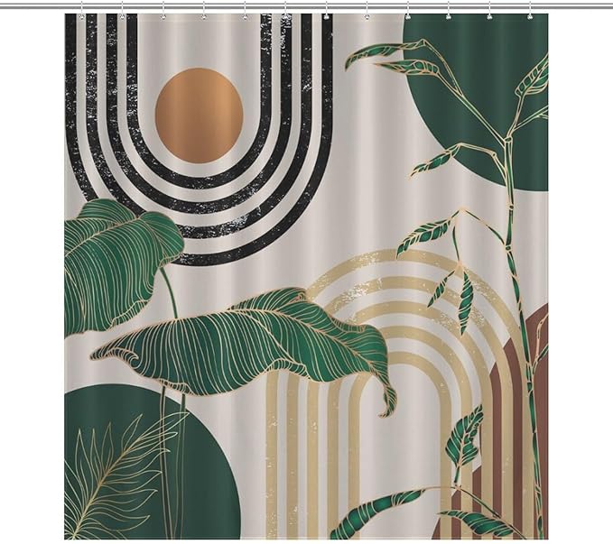 Green Boho Shower Curtain,Retro Abstract Mid Century Minimalist Tropical Modern Bathroom Curtain Polyester Waterproof Fabric Decor 66x72in（168x183cm）