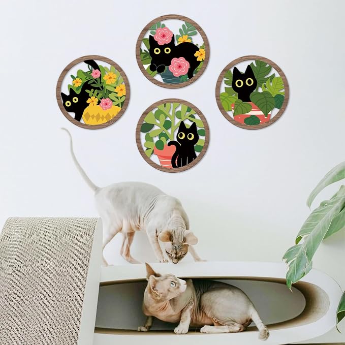 TOARTi 4PCS Boho Black Cat Wall Art Farmhouse Floral Cat Hanging Wood Sign Botanical Kitten Wall Decor Plant Cats Room Decor Floral Leaves Cat Wooden Sign for Living Room Bedroom Decoration