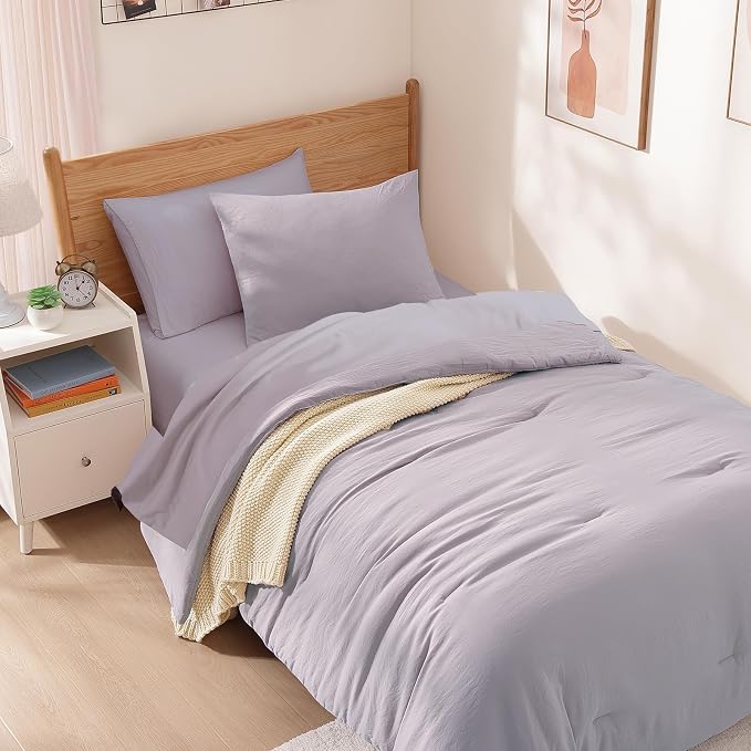 WRENSONGE Twin Comforter Set- 5 Pieces Lilac Twin Bed in a Bag, All Season Twin XL Bedding Sets with 1 Fitted Sheet, 1 Flat Sheet, 1 Pillow Sham and 1 Pillowcase