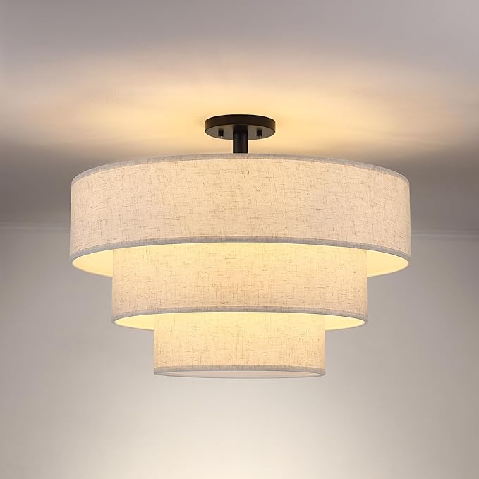 Doraimi Lighting 3 Tier Cream Linen Drum Fabric Semi Flush Mount Light Modern Farmhouse Decor 7 Light 24 Inch Black Finish for Kitchen Living Room Dining Room Corridor Hallway