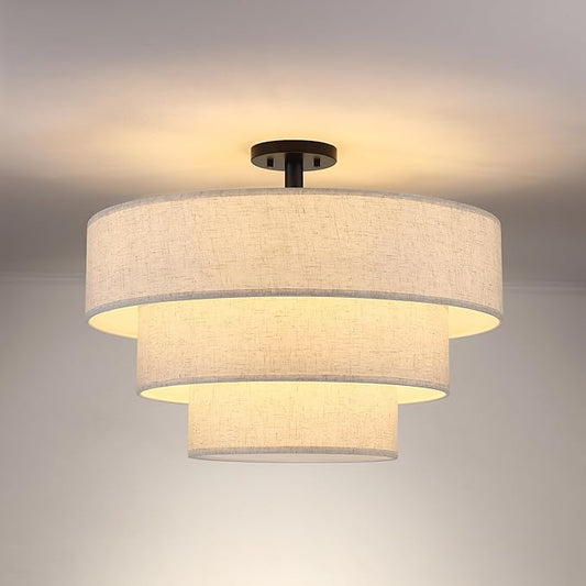 Doraimi Lighting 3 Tier Cream Linen Drum Fabric Semi Flush Mount Light Modern Farmhouse Decor 7 Light 24 Inch Black Finish for Kitchen Living Room Dining Room Corridor Hallway