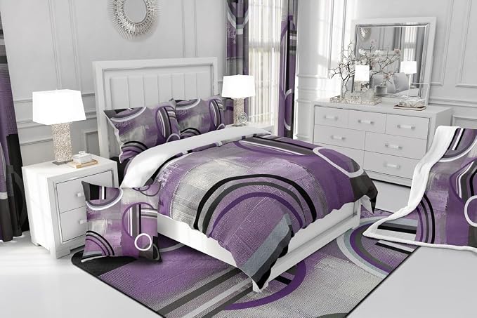 Purple Black Gray Duvet Cover King Size,Grunge Oil Painting Comforter Cover,Circles Bedding Set,Elegant Geometric Quilt Cover,Abstract Purple Artwork Bedspread Cover with Zipper& Ties