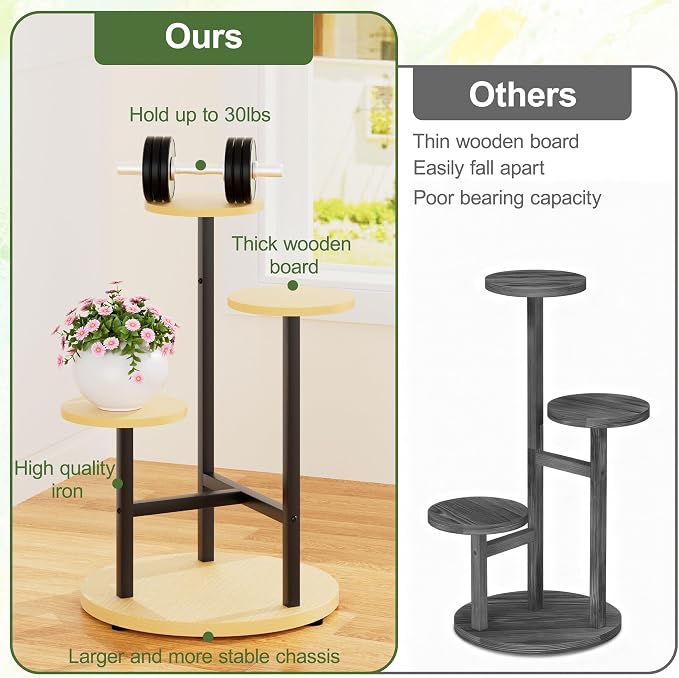 3 Tiers Black Plant Stand Indoor Tall Metal Wood Plant Shelf Outdoor Plant Stands Indoor Plant Table Rack Tiered Plant Stand Garden for Living Room Balcony Patio - RoundLight