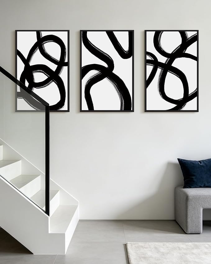 KUVIOKE Black and Gray Abstract Framed Wall Art Ink Wash Minimalist Lines Painting Artwork for Bedroom Hallway 16x24in (Black Framed)