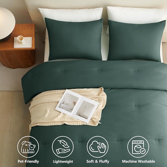 CozyLux Oversized Queen Comforter Set Forest Green, 3 Pieces 98"x98" Lightweight Down Alternative Quilted Bedding Sets, All Season Breathable Solid Comforter with 2 Pillowcases, Bed Set Gift for Home