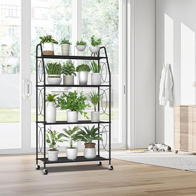 4 Tier Plant Stand with Wheels, Plant Shelf for Indoor Outdoor, Heavy Duty Metal Tall Plant Stands Holder Rack for Living Room Balcony and Garden, Black