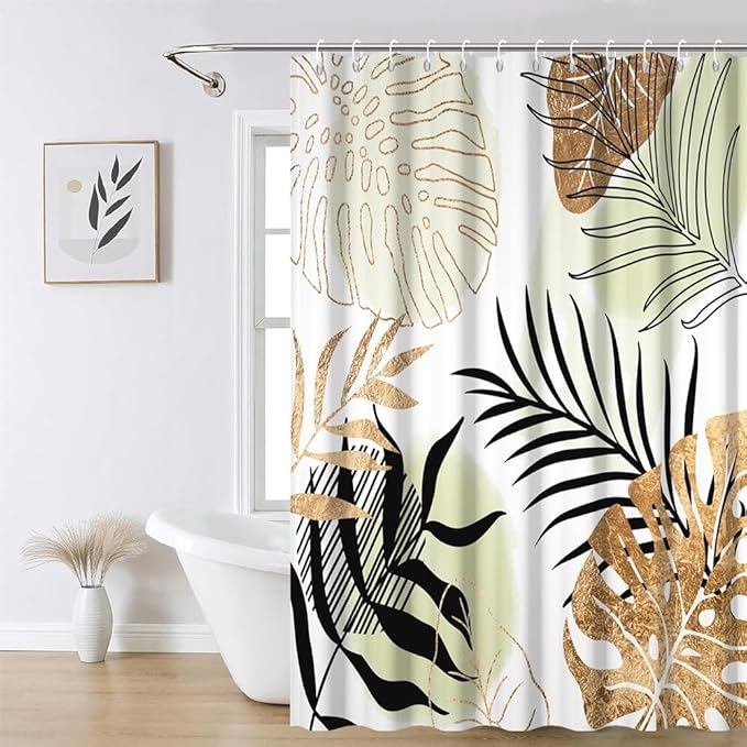 Modern Boho Shower Curtain Green Gold Palm Leaves Abstract Aesthetic Bathroom Decor Gorgeous Watercolor Botanical Theme Bohemian Bath Curtain Washable Waterproof Polyester Fabric with Hooks 69x75 Inch