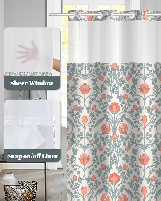 No Hook Shower Curtain with Snap in Liner Set - Vintage Coral Floral & Botanical Pattern Shower Curtains for Cottagecore Farmhouse Bathroom, Mesh Top Waterproof Bath Tub Curtain, 71Wx74H