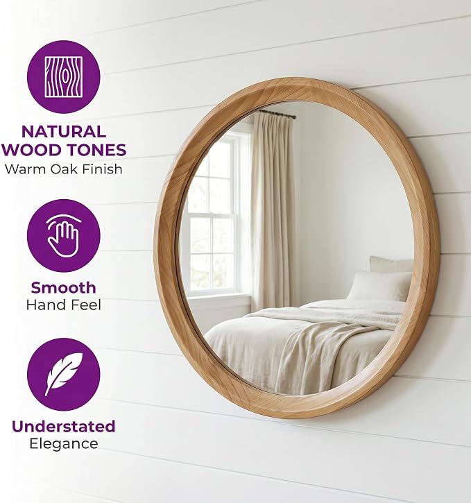 23.62'' Natural Wood Round Wall Mirror with Solid Wood Frame & Pre-Installed Hanging, Decorative Mirror with Large Reflective Surface for Bathroom Bedroom Living Room, Natural