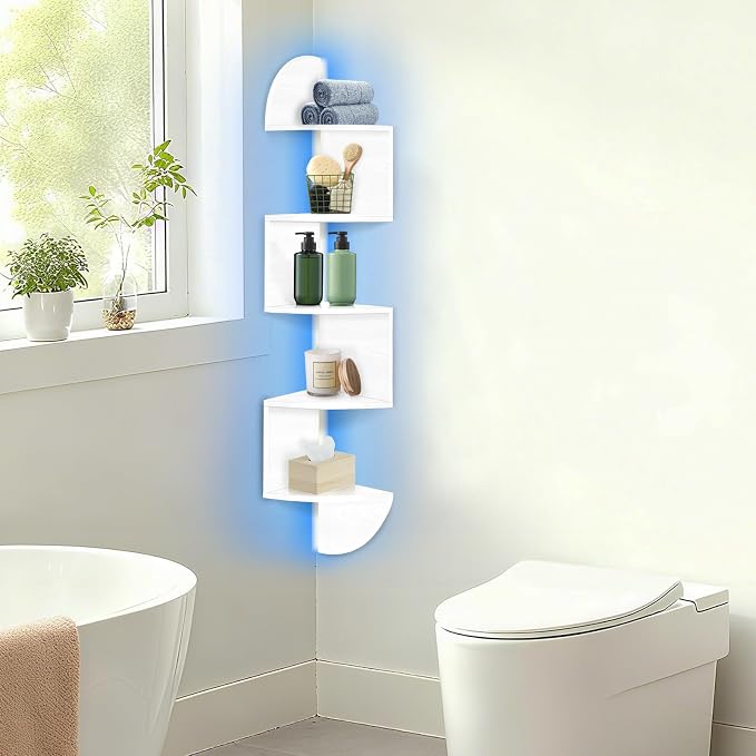 Corner Shelf Wall Mounted, 5 Tier Corner Bookshelf with Light, Corner Floating Shelves Display Shelf Stand for Bedroom, Bathroom, Living Room, Kitchen, Home, Office (White)