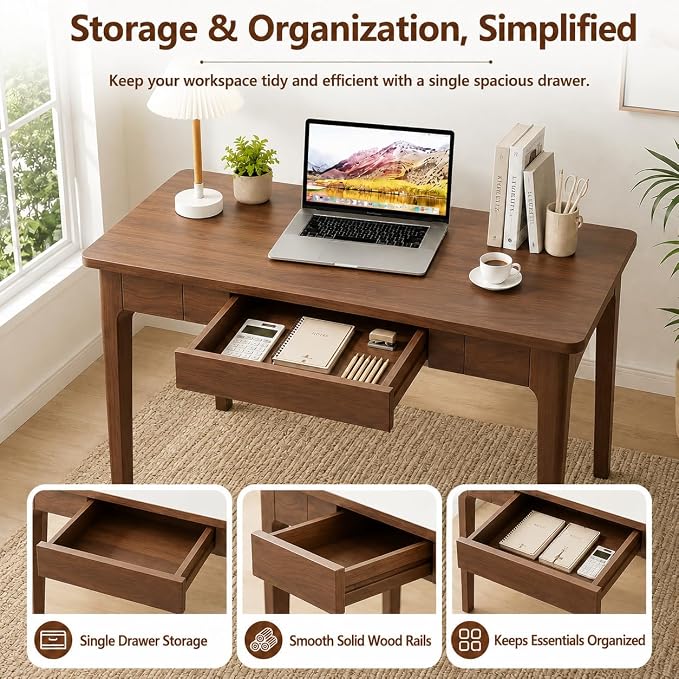 Mid Century Modern Desk with Drawers,31.5 inch Solid Wood Writing Desk for Home Office Bedroom,Small Computer Desk for Spaces Easy Assembly Walnut