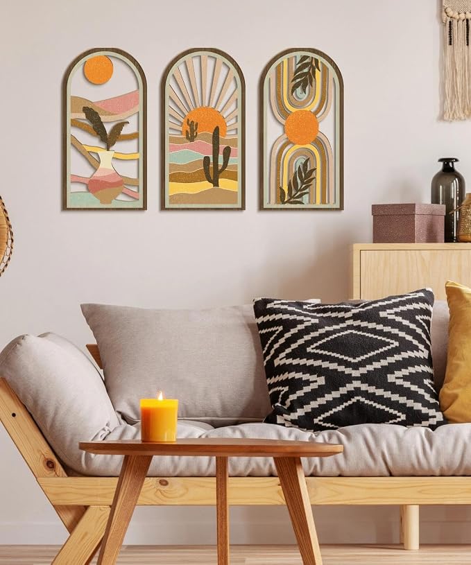 Putuo Decor Boho Wall Art Set of 3, Modern Minimalist Wooden Wall Decor, Desert Cactus Sun Abstract Aesthetic Room Decorations, Mid-Century Artwork for Living Room, Bedroom, Office (White, 16×8 in