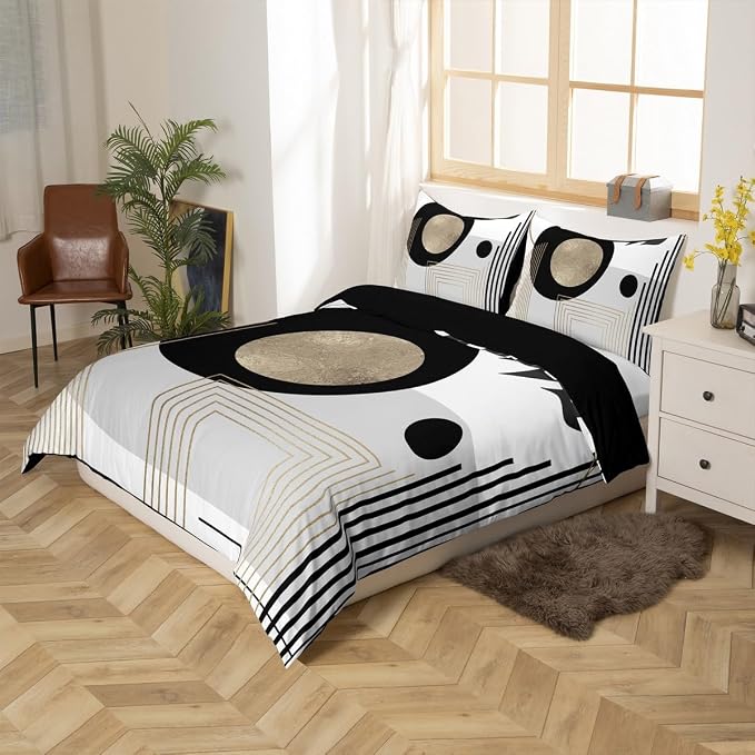 Erosebridal Black and White Abstract Boho Duvet Cover King Size Minimalist Aesthetic Neutral Comforter Cover Mid Century Modern Bedding Set Botanical Leaves Geometric Bed Set