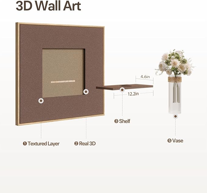 Framed 3D Wall Art Decor for Living Room, Large 4 Piece Textured Neutral Wall Decor with Vase, Modern Minimalist Butterfly Brown Sandstone Paintings Artwork for Dining Room, Hallway, Office