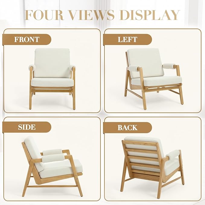 CIMOTA Mid Century Modern Accent Chair Set of 2, Linen Upholstered Living Room Chairs with Arms, Comfy Reading Chair with Solid Wood Frame, High Back for Bedroom, Waiting Room, Office, Beige