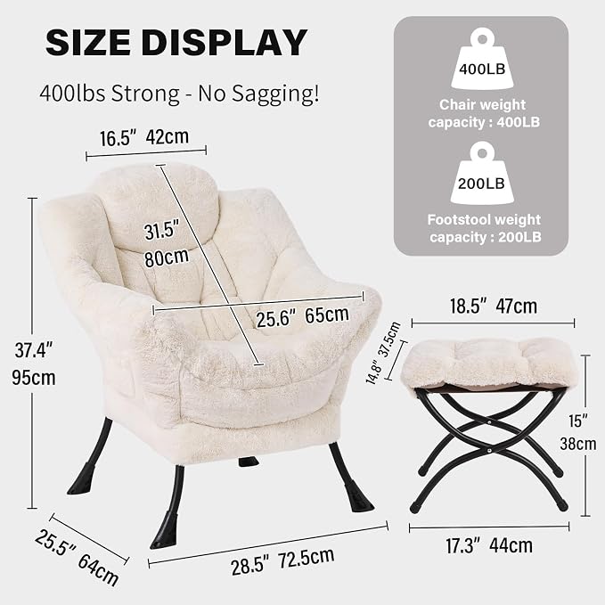 Tiita Lazy Chair with Ottoman, Beige Modern Large Accent Chair, Comfy Leisure Sofa Armchair with Ottoman, Reading Chair with Footrest for Bedroom, Living Room, Dorm Rooms, Plush Beige