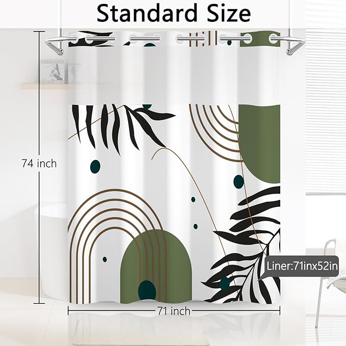 No Hook Boho Shower Curtain with Snap-in Liner, Mid Century Modern Abstract Botanical Design, Sage Green Geometric Leaves, Waterproof Double Layer Fabric with Mesh Window, 71 x 74 Inch