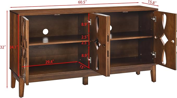 LKTART 60" Mid Century Modern Sideboard Buffet with Hollow Carved Doors and Outlet Holes,Vintage Accent Cabinet Credenzas Storage Cabinet Walnut