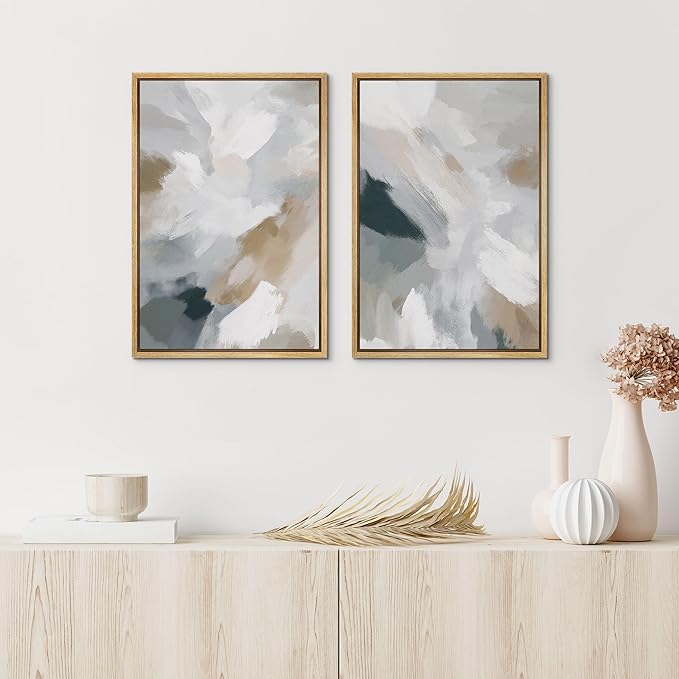IDEA4WALL Framed Canvas Print Wall Art Set Neutral Brushstroke Abstract Modern Minimalist Illustrations Modern Art Decorative Bohemian Calm/Zen for Living Room, Bedroom, Office - 16"x24"x2 Natural