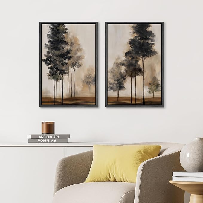 IDEA4WALL Framed Canvas Print Wall Art Set Misty Forest Tree Landscape Neutral Brown and Black Illustrations Modern Art Decorative Calm/Zen for Living Room, Bedroom, Office - 24"x36"x2 Black